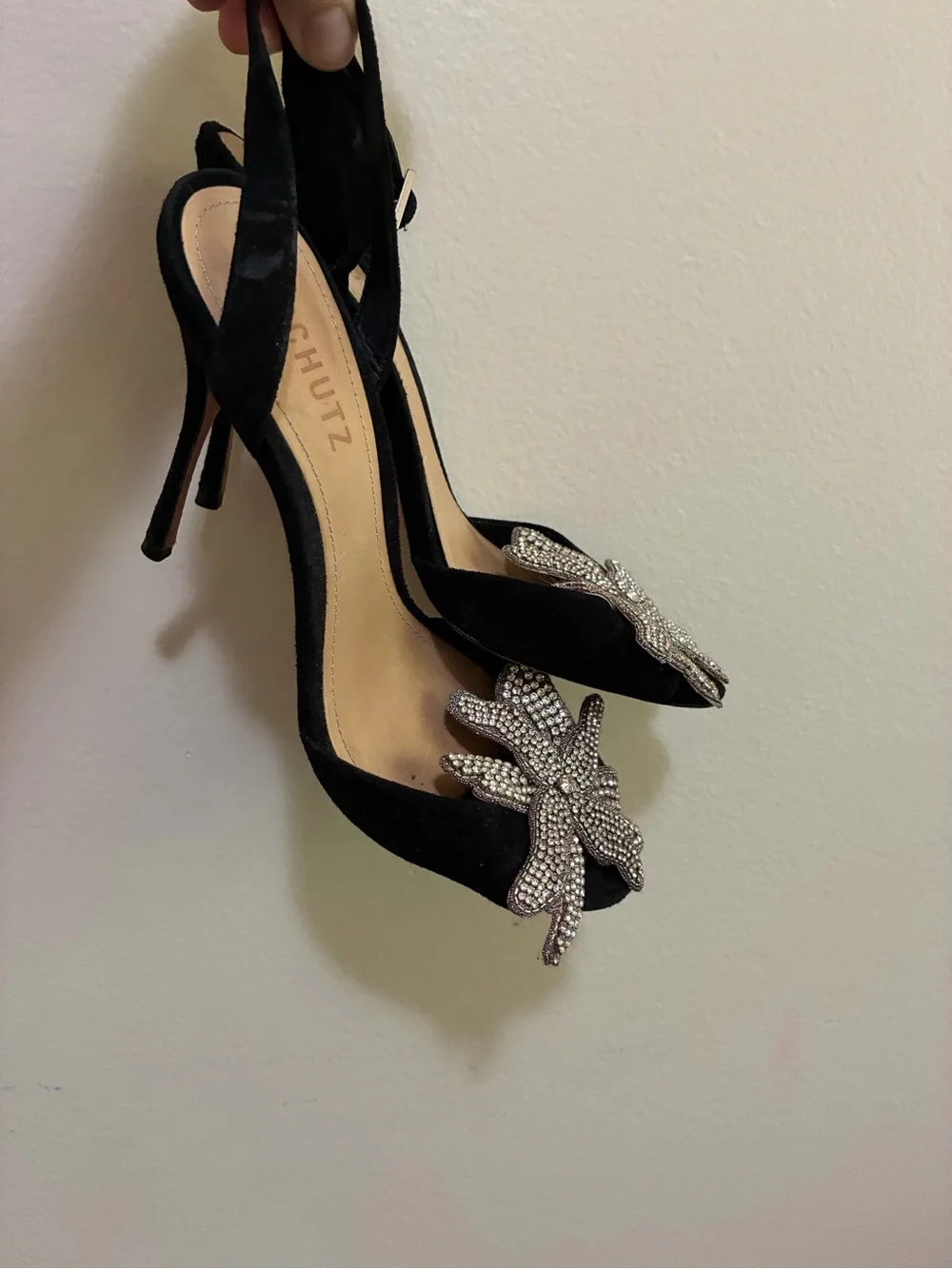 Schutz Black Suede Crystal Flower Ankle-Strap Sandals size 9
